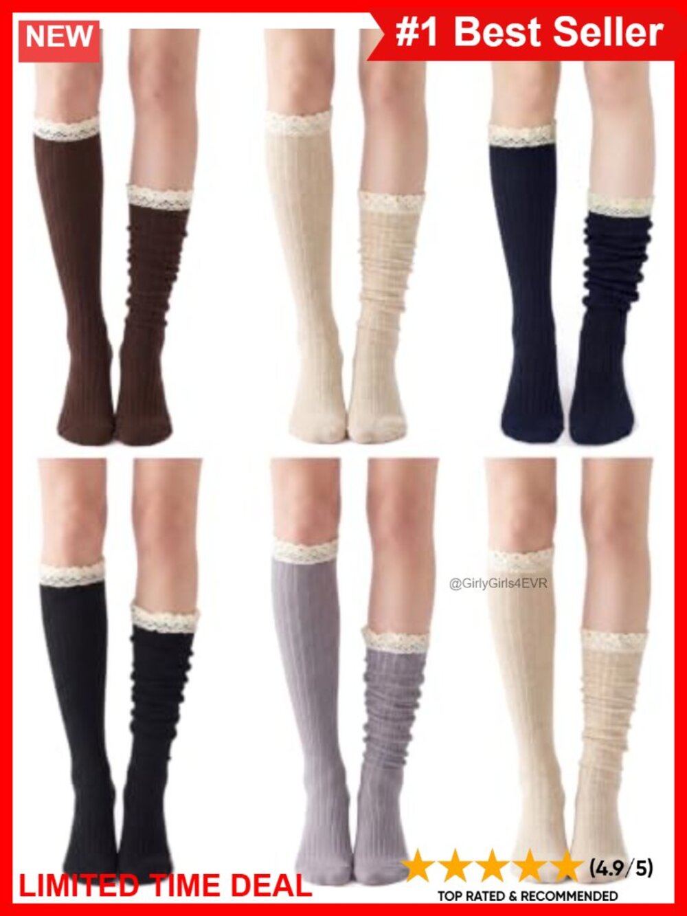 Lace Trim Knee High Boot Socks Cotton Nylon 6 Pairs